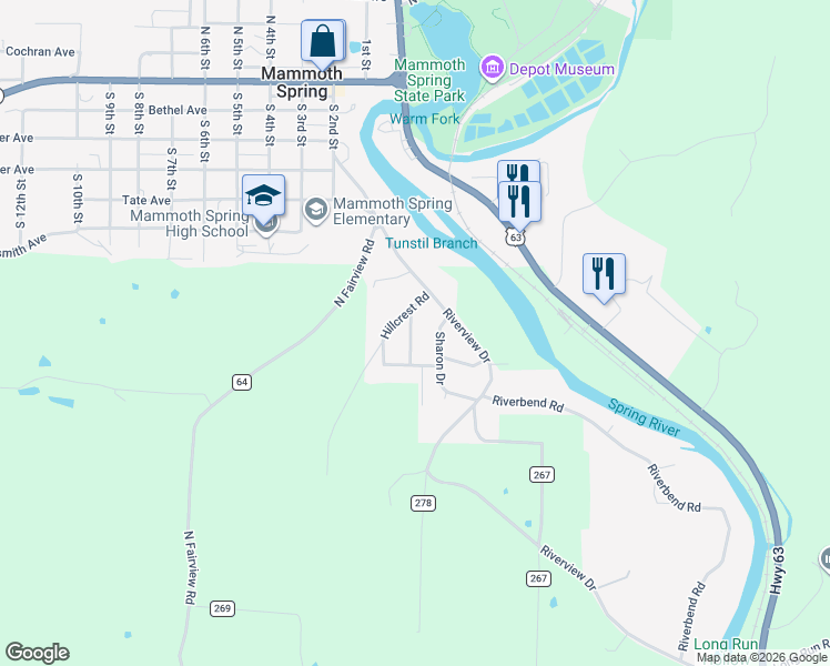 map of restaurants, bars, coffee shops, grocery stores, and more near 66 Peggy Avenue in Mammoth Spring