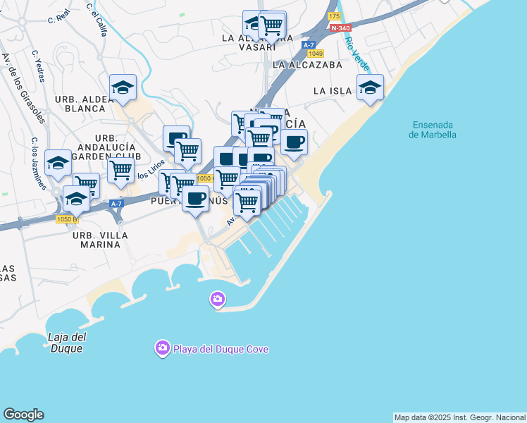 map of restaurants, bars, coffee shops, grocery stores, and more near Calle Ribera in Marbella