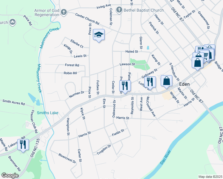 map of restaurants, bars, coffee shops, grocery stores, and more near 1109 Washington Street in Eden