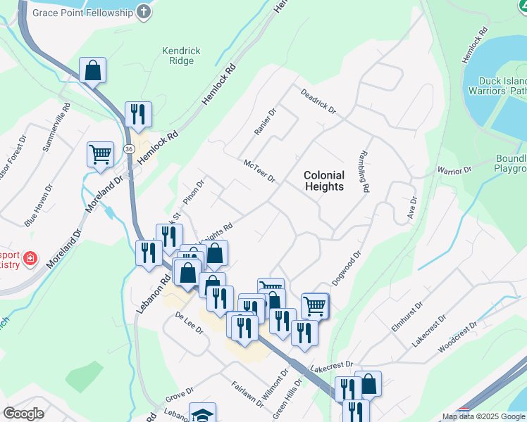 map of restaurants, bars, coffee shops, grocery stores, and more near 313 Colonial Heights Road in Kingsport