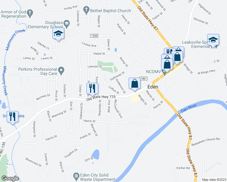 map of restaurants, bars, coffee shops, grocery stores, and more near 619 Loftus Street in Eden