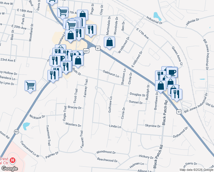 map of restaurants, bars, coffee shops, grocery stores, and more near 307 Golfview Lane in Springfield