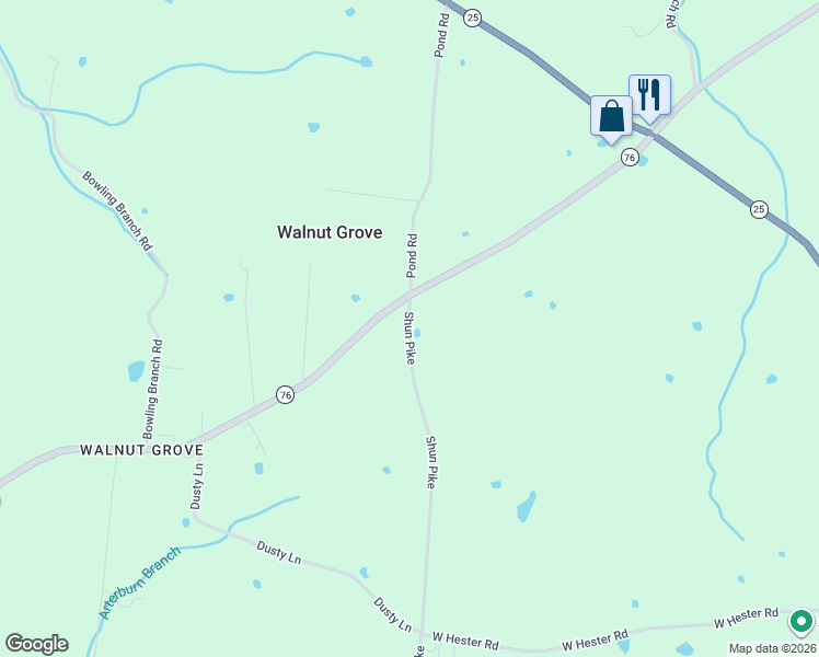 map of restaurants, bars, coffee shops, grocery stores, and more near 112 Shun Pike in Cottontown