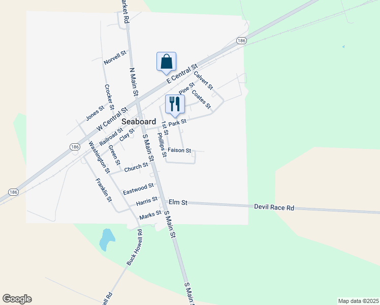 map of restaurants, bars, coffee shops, grocery stores, and more near 315 Faison Street in Seaboard