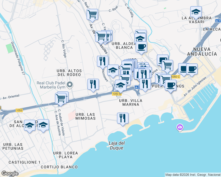 map of restaurants, bars, coffee shops, grocery stores, and more near 487 Calle 02b Nva Andaluc in Marbella