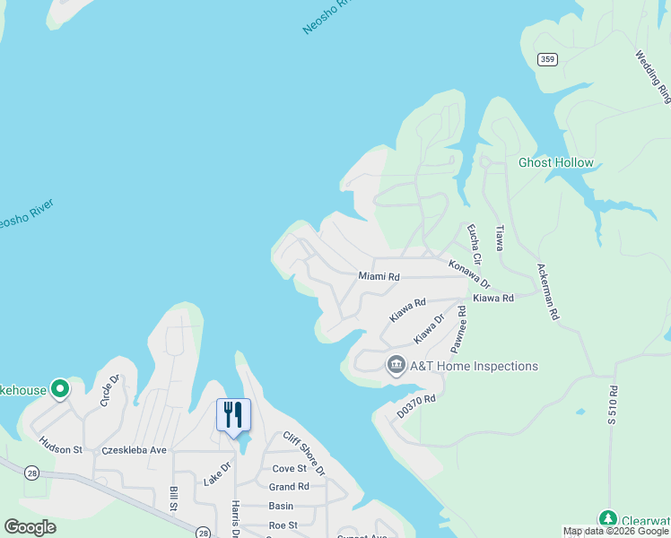 map of restaurants, bars, coffee shops, grocery stores, and more near 421 Miami Road in Eucha