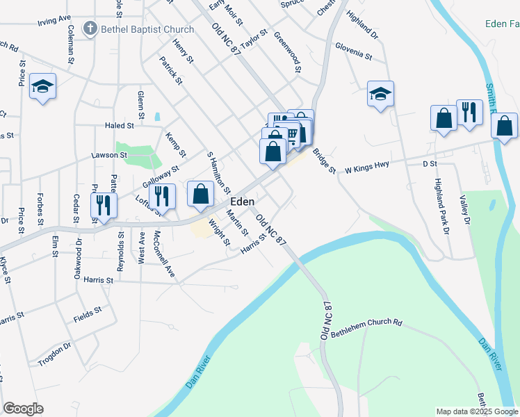 map of restaurants, bars, coffee shops, grocery stores, and more near 723 Old State Highway 87 in Eden