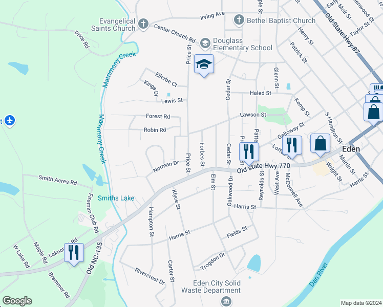map of restaurants, bars, coffee shops, grocery stores, and more near 1200 Norman Drive in Eden
