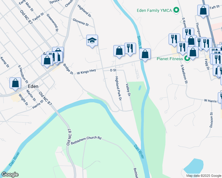 map of restaurants, bars, coffee shops, grocery stores, and more near 647 Highland Park Drive in Eden