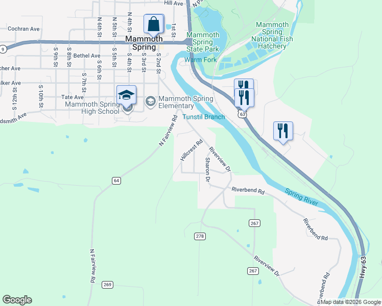map of restaurants, bars, coffee shops, grocery stores, and more near 66 Peggy Avenue in Mammoth Spring