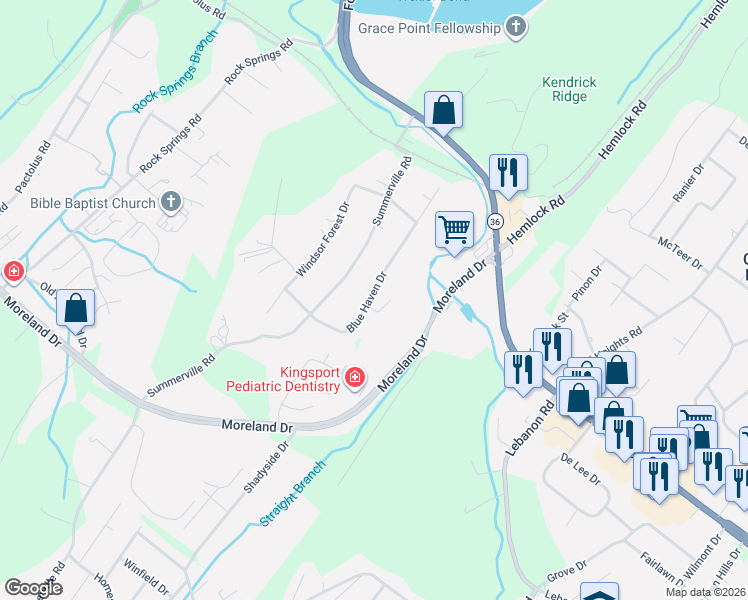 map of restaurants, bars, coffee shops, grocery stores, and more near 408 Blue Haven Drive in Kingsport