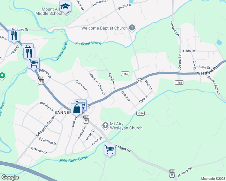 map of restaurants, bars, coffee shops, grocery stores, and more near 1890 Westfield Road in Mount Airy