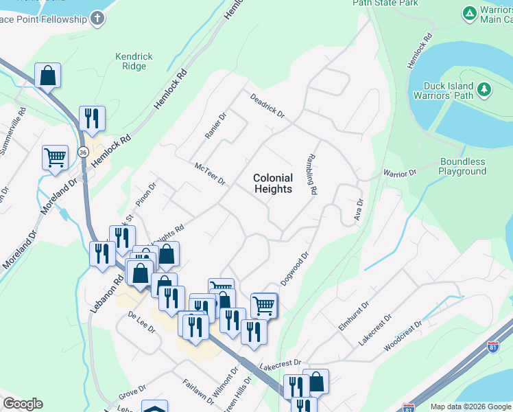 map of restaurants, bars, coffee shops, grocery stores, and more near 439 Forest Hills Drive in Kingsport