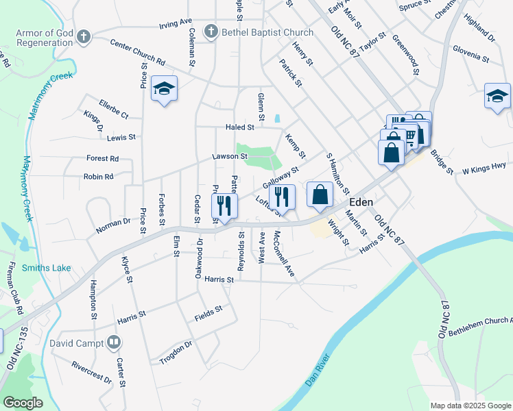 map of restaurants, bars, coffee shops, grocery stores, and more near 1012 Galloway Street in Eden