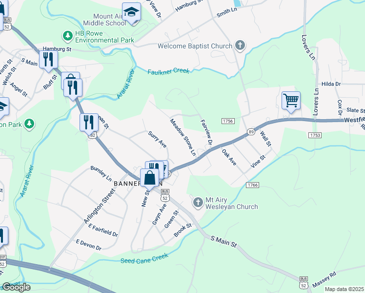 map of restaurants, bars, coffee shops, grocery stores, and more near 113 Meadow Stone Lane in Mount Airy