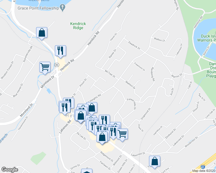 map of restaurants, bars, coffee shops, grocery stores, and more near 312 Colonial Heights Road in Colonial Heights