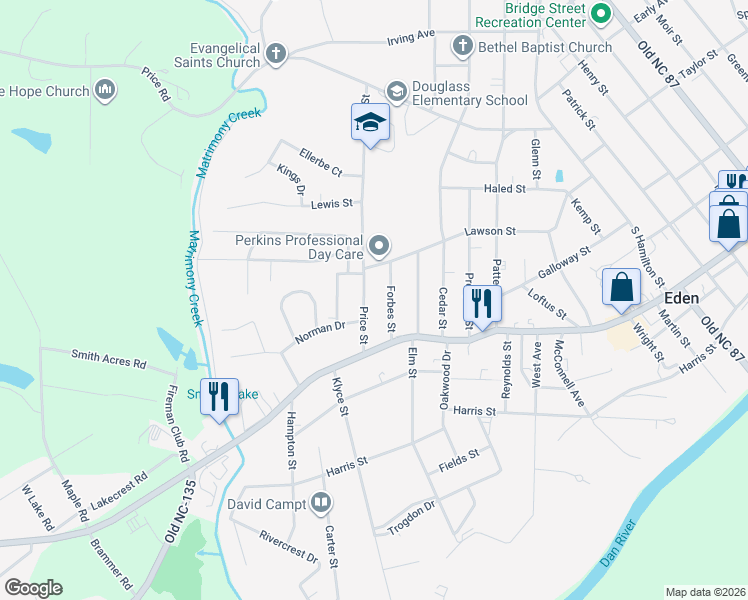 map of restaurants, bars, coffee shops, grocery stores, and more near 603 Price Street in Eden