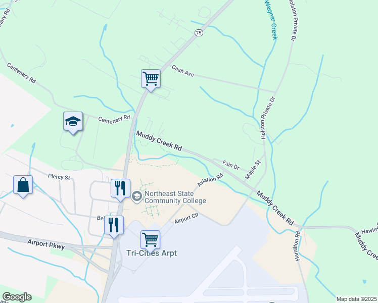 map of restaurants, bars, coffee shops, grocery stores, and more near 1628 Muddy Creek Rd in Blountville