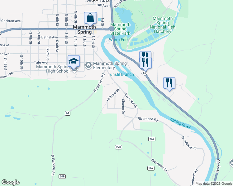 map of restaurants, bars, coffee shops, grocery stores, and more near 25 Hillcrest Road in Mammoth Spring