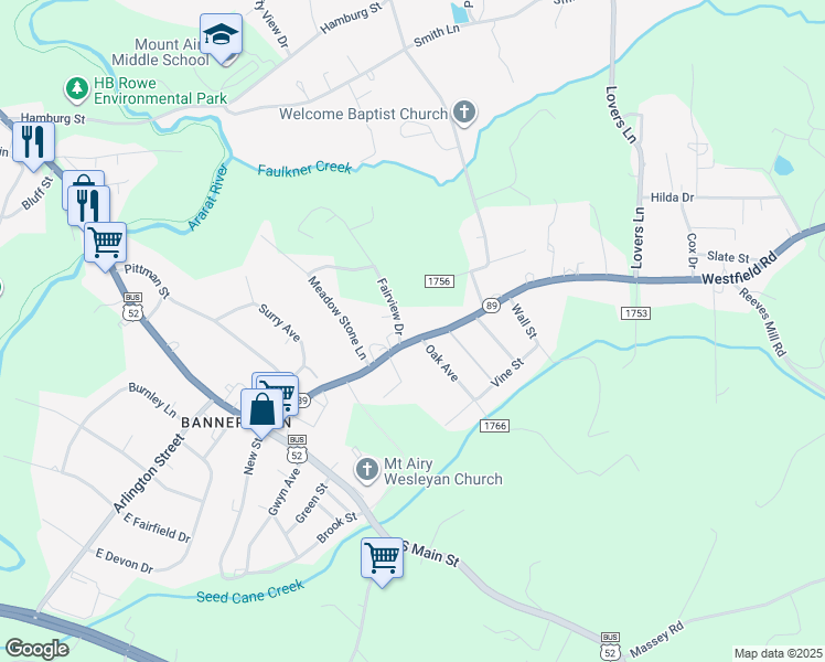 map of restaurants, bars, coffee shops, grocery stores, and more near 1941 Westfield Road in Mount Airy