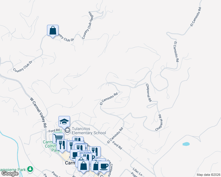 map of restaurants, bars, coffee shops, grocery stores, and more near 238 El Caminito Road in Carmel Valley