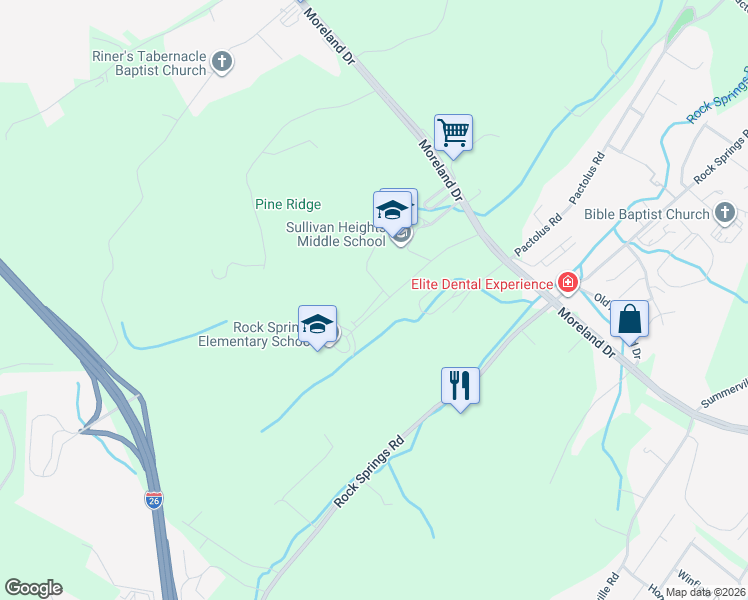 map of restaurants, bars, coffee shops, grocery stores, and more near 1236 Moreland Dr in Kingsport