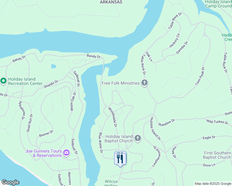 map of restaurants, bars, coffee shops, grocery stores, and more near 25 Green Meadow Lane in Eureka Springs