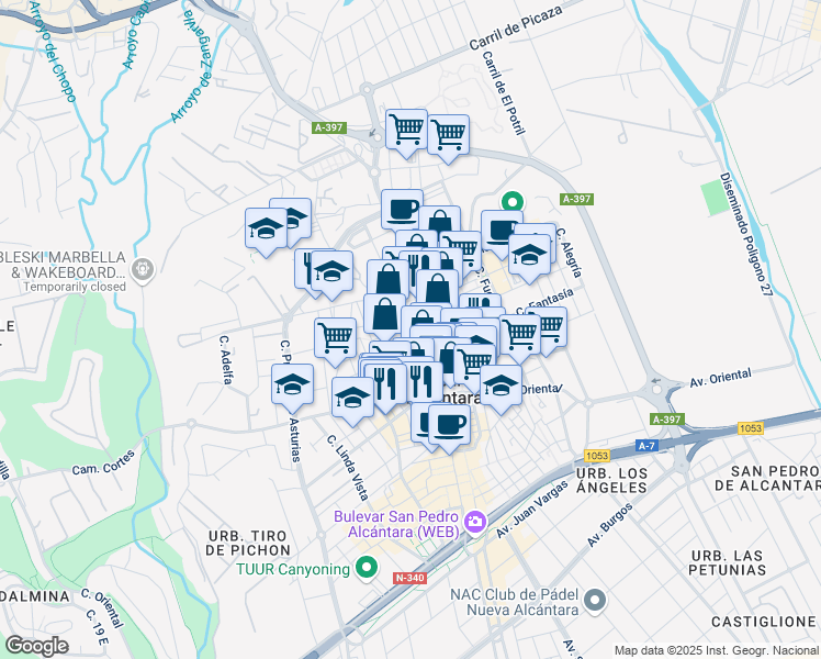 map of restaurants, bars, coffee shops, grocery stores, and more near Calle Bahía in San Pedro Alcántara