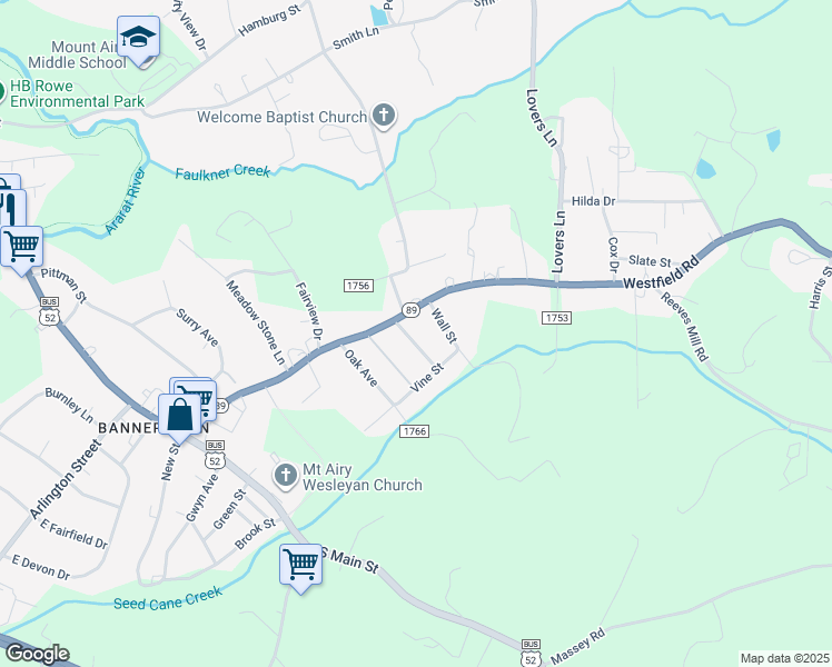 map of restaurants, bars, coffee shops, grocery stores, and more near 127 Broadway Avenue in Mount Airy