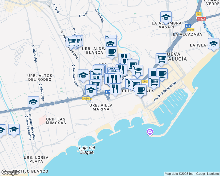 map of restaurants, bars, coffee shops, grocery stores, and more near 067 Carretera Nacional 340 in Puerto Banús, Marbella, Málaga