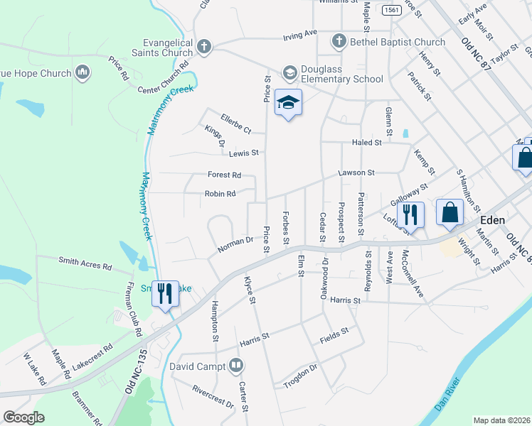 map of restaurants, bars, coffee shops, grocery stores, and more near 603 Price Street in Eden