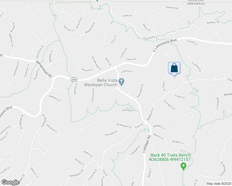 map of restaurants, bars, coffee shops, grocery stores, and more near 3 Stretford Drive in Bella Vista