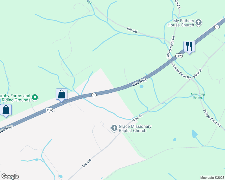 map of restaurants, bars, coffee shops, grocery stores, and more near U.S. 11W in Surgoinsville