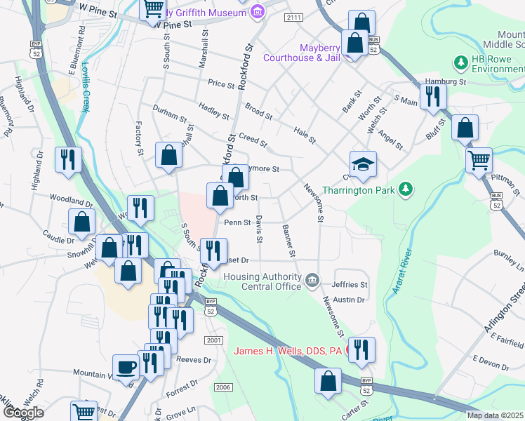 map of restaurants, bars, coffee shops, grocery stores, and more near 815 Davis Street in Mount Airy
