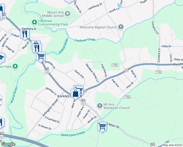 map of restaurants, bars, coffee shops, grocery stores, and more near 113 Meadow Stone Lane in Mount Airy