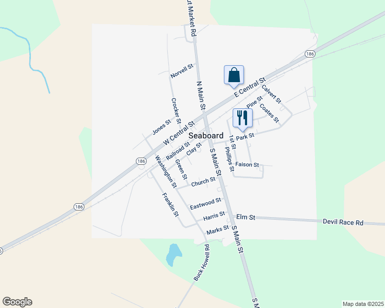 map of restaurants, bars, coffee shops, grocery stores, and more near 122 Clay Street in Seaboard