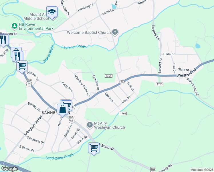 map of restaurants, bars, coffee shops, grocery stores, and more near 1941 Westfield Road in Mount Airy