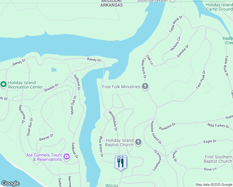 map of restaurants, bars, coffee shops, grocery stores, and more near 25 Green Meadow Ln in Eureka Springs