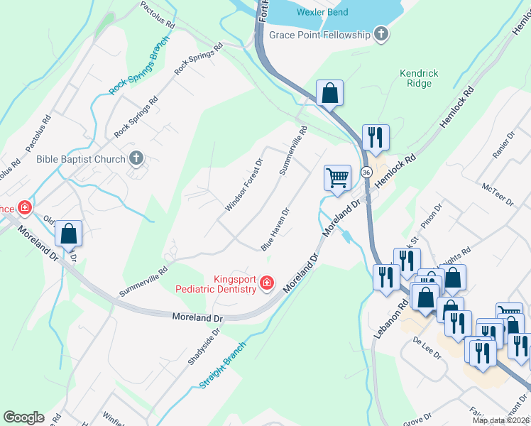 map of restaurants, bars, coffee shops, grocery stores, and more near 341 Summerville Road in Kingsport
