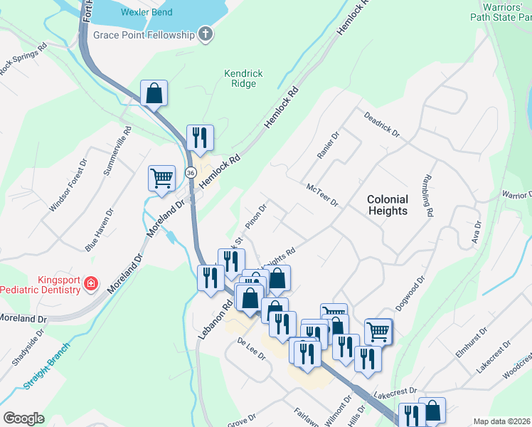 map of restaurants, bars, coffee shops, grocery stores, and more near 219 Pinon Drive in Kingsport