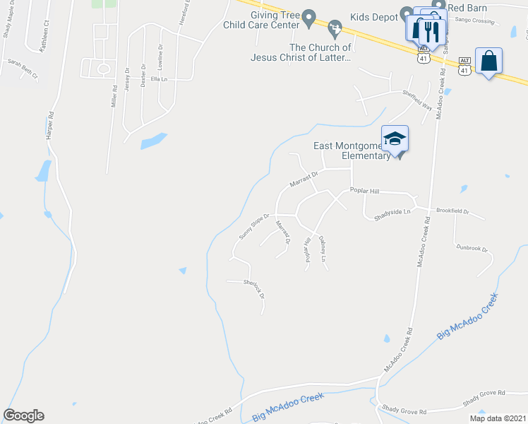 map of restaurants, bars, coffee shops, grocery stores, and more near 3345 Sunny Slope Drive in Clarksville