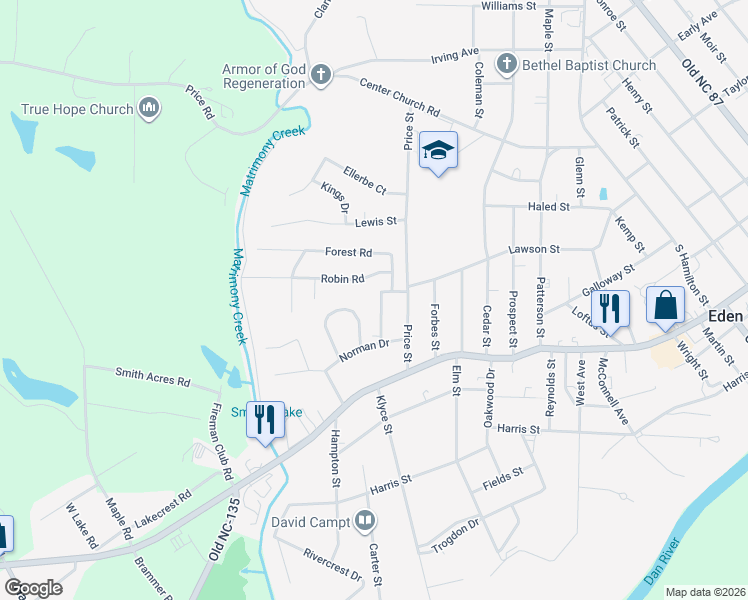 map of restaurants, bars, coffee shops, grocery stores, and more near 605 Roberts Street in Eden