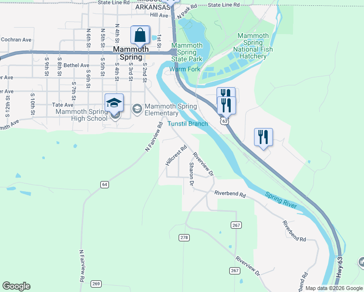 map of restaurants, bars, coffee shops, grocery stores, and more near 25 Hillcrest Road in Mammoth Spring