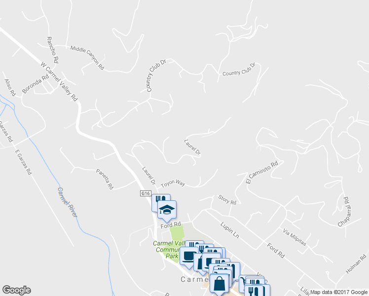 map of restaurants, bars, coffee shops, grocery stores, and more near 138 Laurel Drive in Carmel Valley