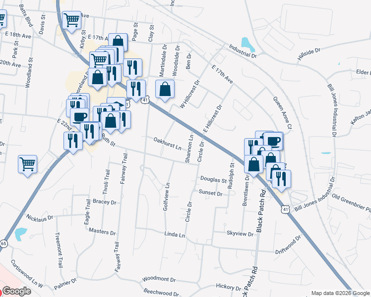 map of restaurants, bars, coffee shops, grocery stores, and more near 109 Shannon Lane in Springfield