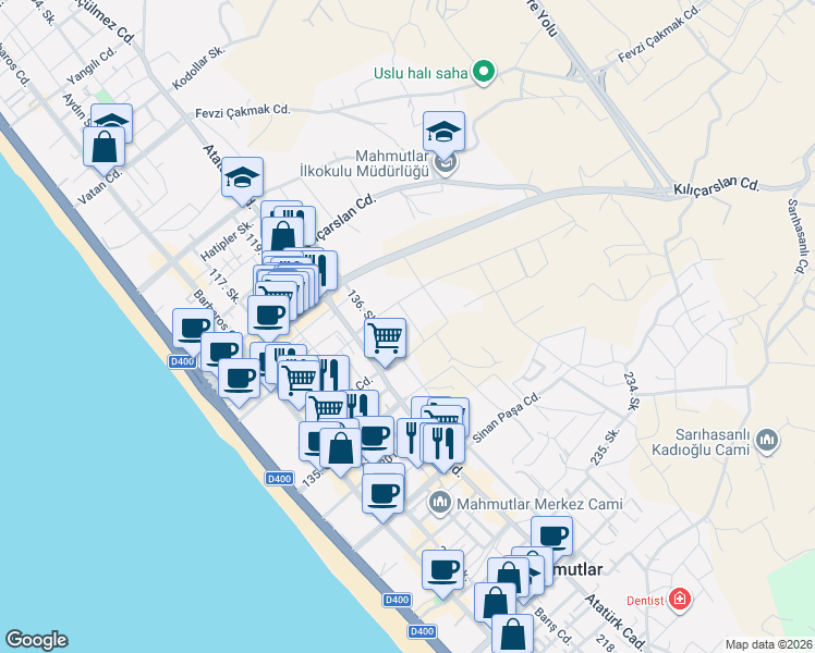 map of restaurants, bars, coffee shops, grocery stores, and more near 5 Kervansaray Caddesi in Alanya