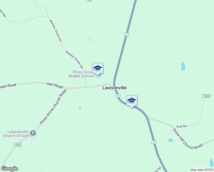 map of restaurants, bars, coffee shops, grocery stores, and more near 3452 Piney Grove Church Road in Lawsonville