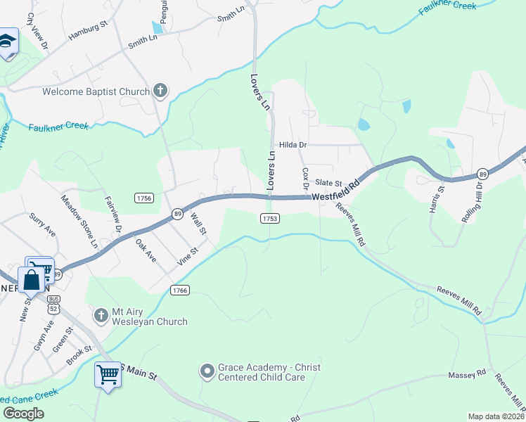 map of restaurants, bars, coffee shops, grocery stores, and more near 136 Kirkman Road in Mount Airy