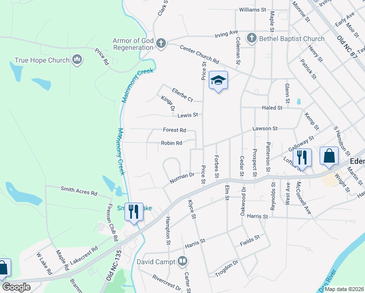 map of restaurants, bars, coffee shops, grocery stores, and more near 605 Roberts Street in Eden