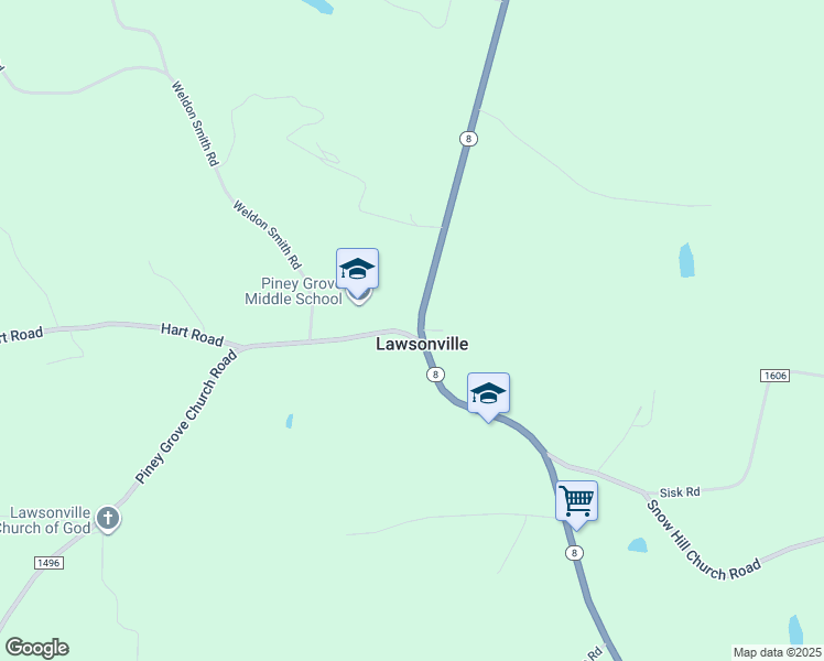 map of restaurants, bars, coffee shops, grocery stores, and more near 3452 Piney Grove Church Road in Lawsonville